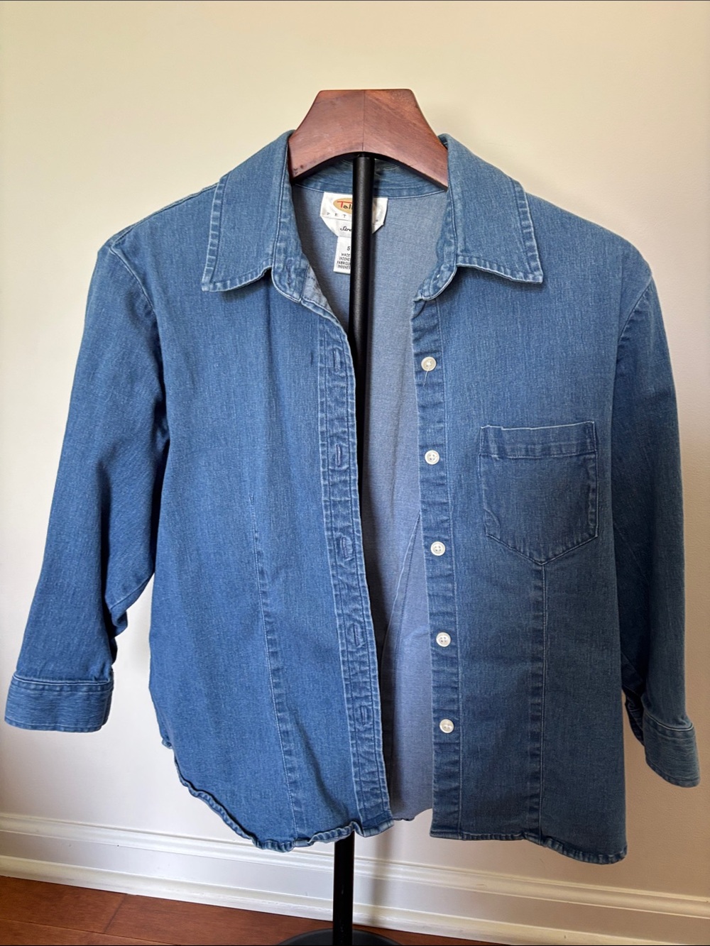 Talbots Petite Small‎ Denim Button Up Shirt Cotton Stretch Chambray Top PS